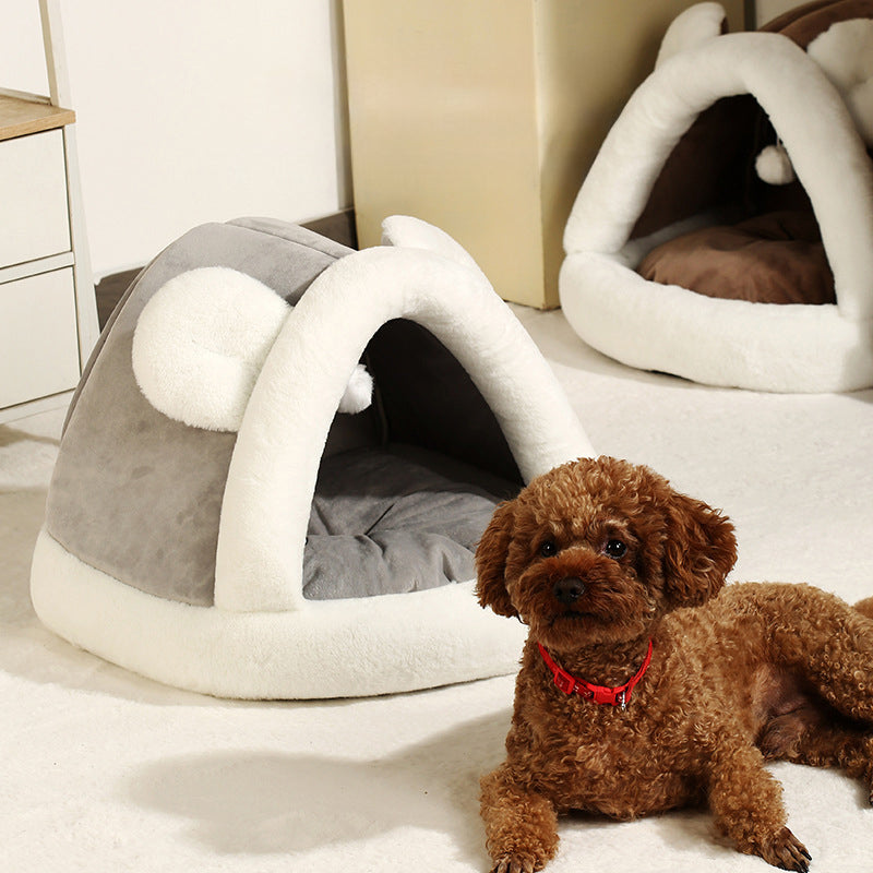 Pet Tent Cave Bed for cats and small dogs, self-warming plush hut, white-gray color, 2 shown on Tampa Home & Garden Store