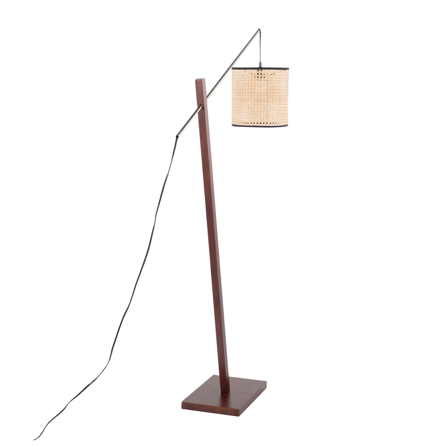 Arturo contemporary floor lamp HouseOfZazla woven beige shade, metal arm, wooden base on Tampa Home & Garden Store