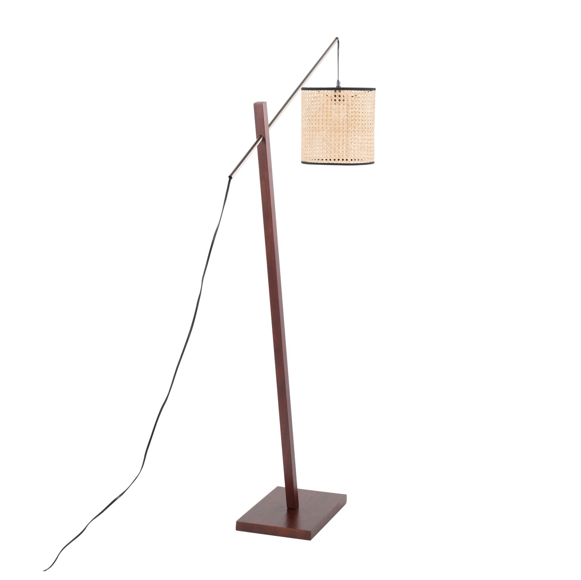 Arturo contemporary floor lamp HouseOfZazla woven beige shade, metal arm, wooden base on Tampa Home & Garden Store