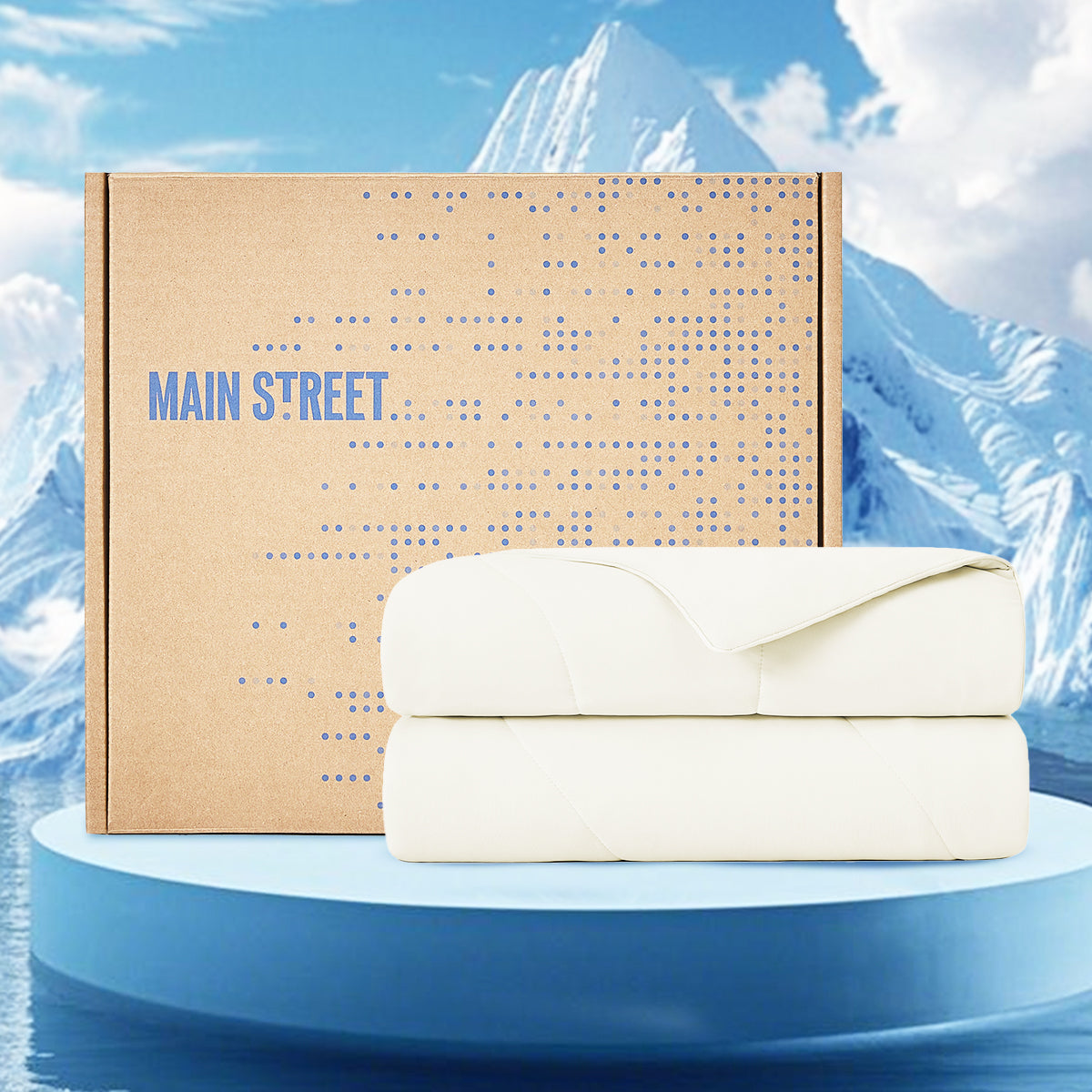 1-Piece 60x90 Cooling DA Comforter by HouseOfZazla, white, two pieces shown with Main Street box on Tampa Home & Garden Store
