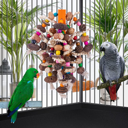 Large Parrots Nibbling On Toy Fruit Skewers with colorful beads and rope knots; 2 parrots on Tampa Home & Garden Store