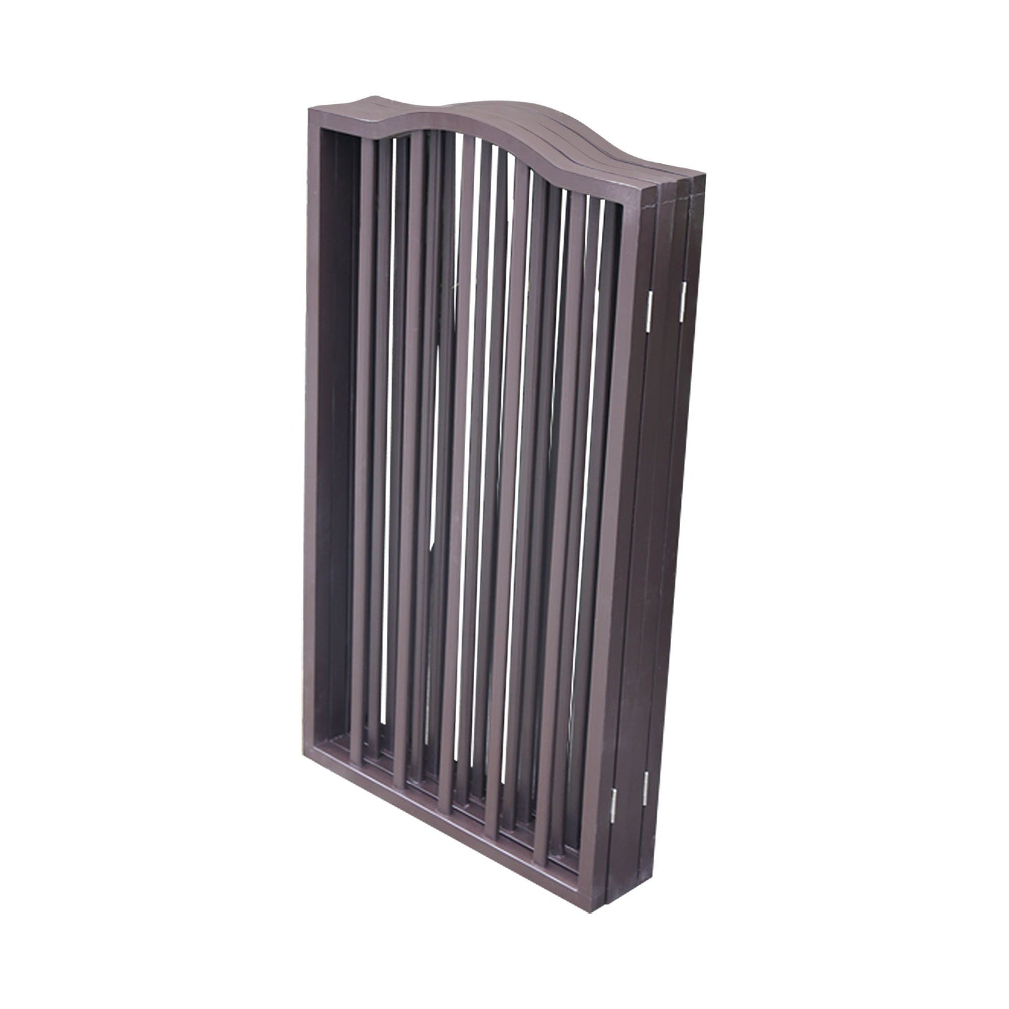 Pet gate dark brown freestanding with curved top and vertical slats on Tampa Home & Garden Store