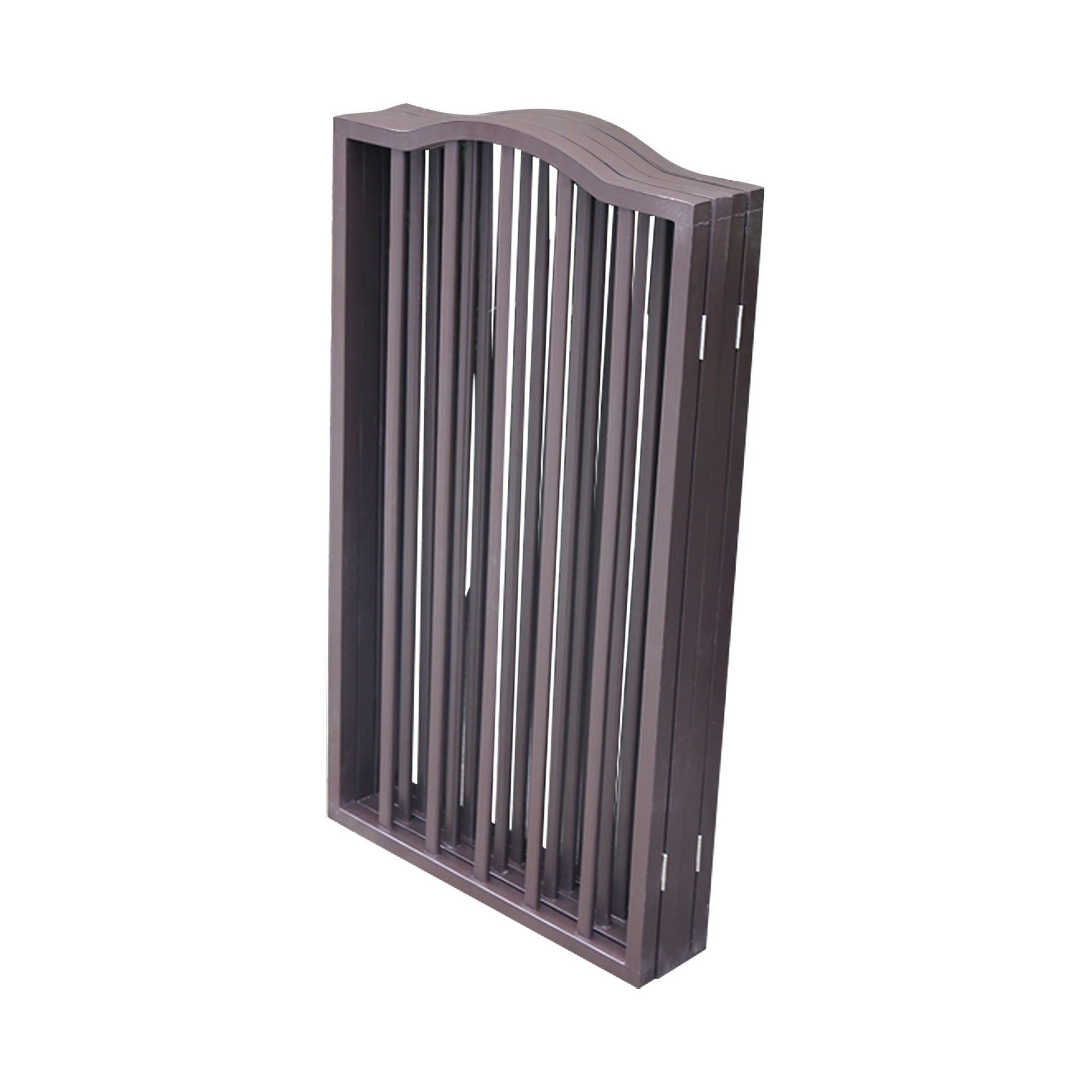 Pet gate dark brown freestanding with curved top and vertical slats on Tampa Home & Garden Store