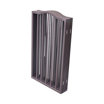Pet gate dark brown freestanding with curved top and vertical slats on Tampa Home & Garden Store