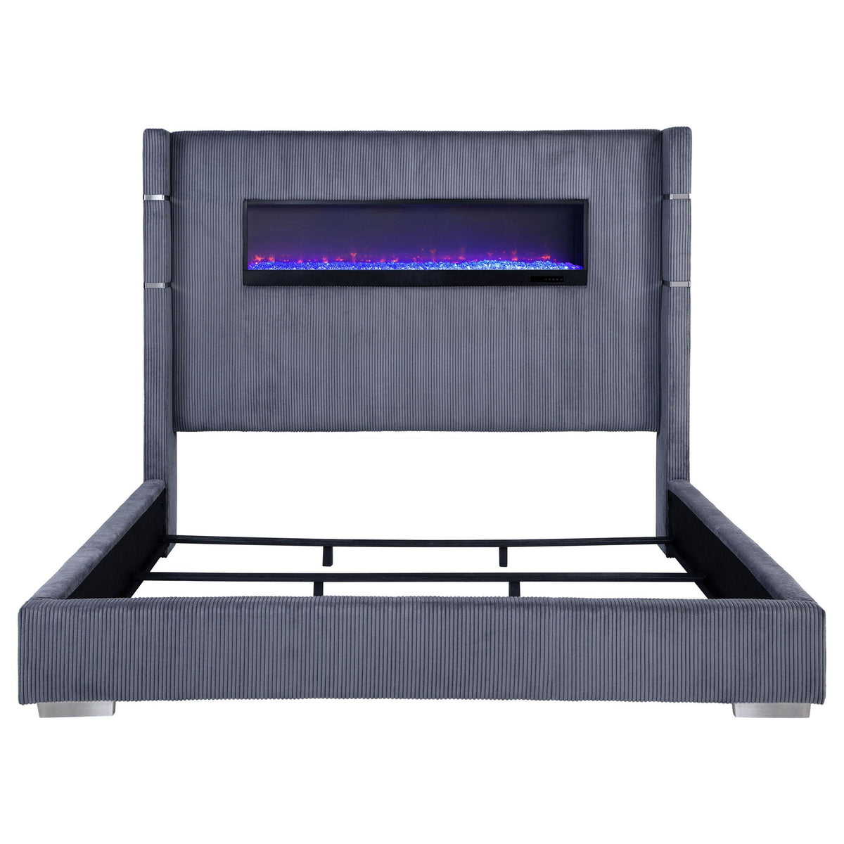 Judah Flame Visualizer Bed upholstered headboard in blue fabric with flame display on Tampa Home & Garden Store