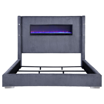 Judah Flame Visualizer Bed upholstered headboard in blue fabric with flame display on Tampa Home & Garden Store