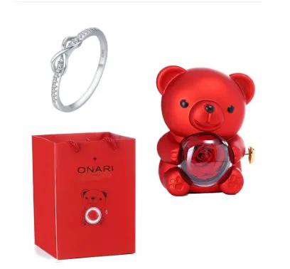 Eternal Rose Teddy Bear Gift Box with Necklace; rotating rose jewelry, silver ring, ONARI on Tampa Home & Garden Store