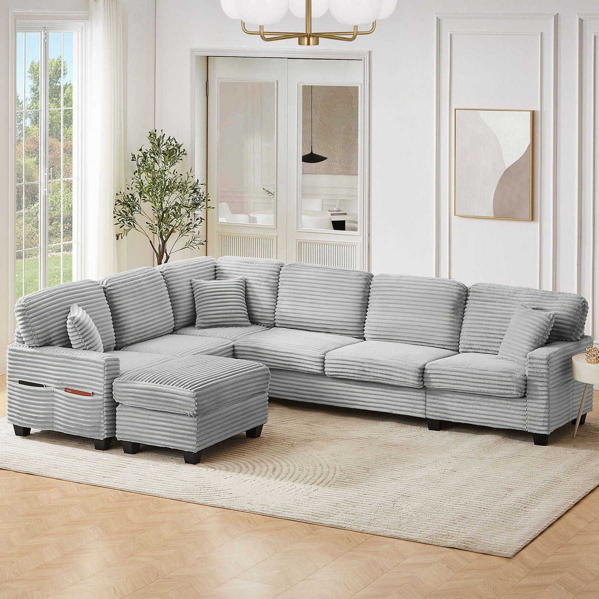 U-shaped sectional with movable ottoman, gray ribbed fabric, side pockets, 2-piece set on Tampa Home & Garden Store