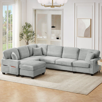 U-shaped sectional with movable ottoman, gray ribbed fabric, side pockets, 2-piece set on Tampa Home & Garden Store