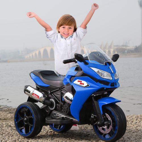 Kids' 12V electric motorcycle ride-on blue with light-up training wheels on Tampa Home & Garden Store