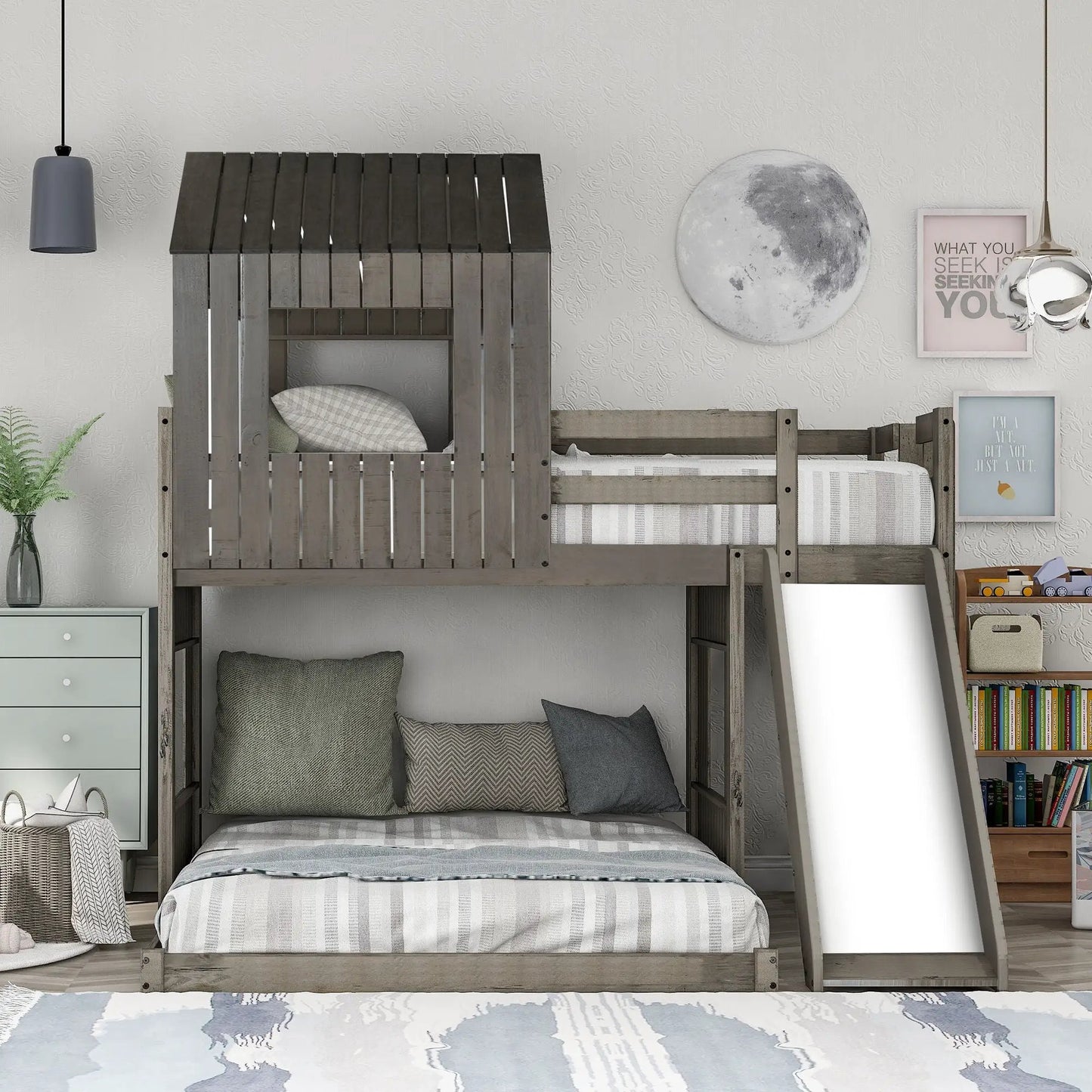 Loft bunk bed with playhouse in gray wood by Unique Piece Furniture, ladder and guardrails on Tampa Home & Garden Store