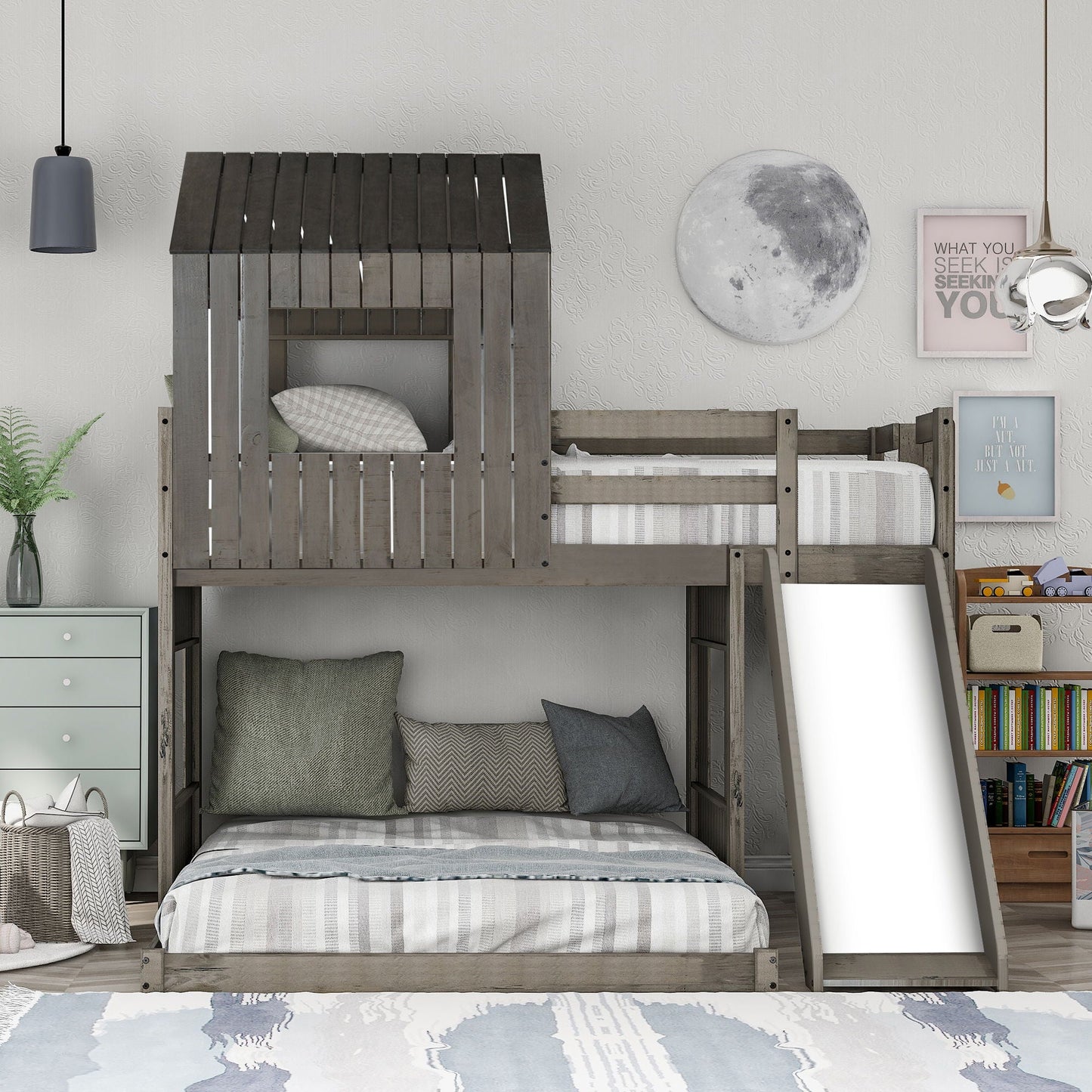 Loft bunk bed with playhouse, gray wood finish, guardrails and ladder by HouseOfZazla on Tampa Home & Garden Store