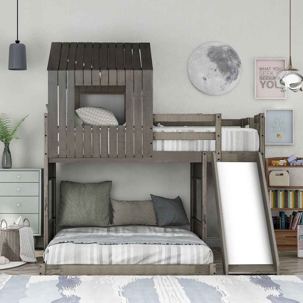 Loft bunk bed with playhouse, gray wood finish, guardrails and ladder by HouseOfZazla on Tampa Home & Garden Store