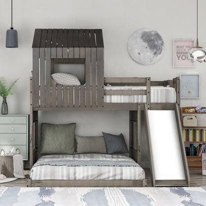 Loft bunk bed with playhouse, gray wood finish, guardrails and ladder by HouseOfZazla on Tampa Home & Garden Store