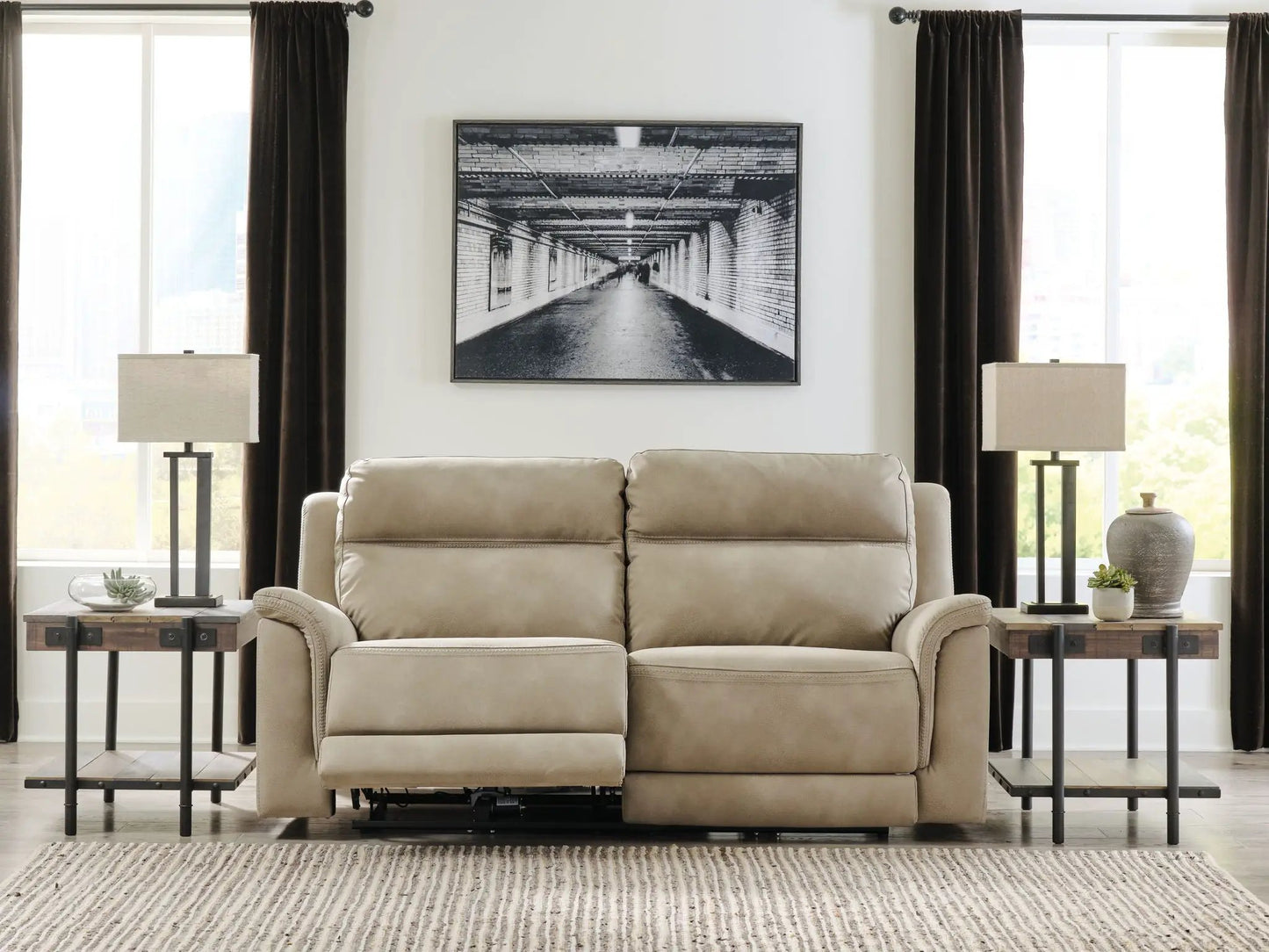 Next-Gen Durapella reclining power sofa with two end tables in beige fabric in a living room on Tampa Home & Garden Store