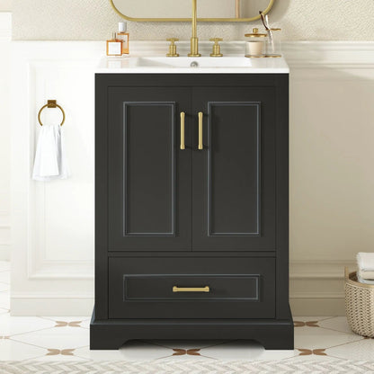 Bathroom vanity with sink black cabinet, gold hardware, 1 divided drawer, 2 soft-close doors on Tampa Home & Garden Store
