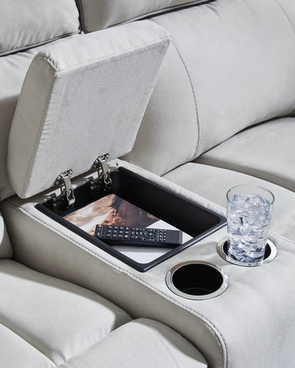 Social Pointe reclining sectional in light gray fabric with center console and cup holders on Tampa Home & Garden Store
