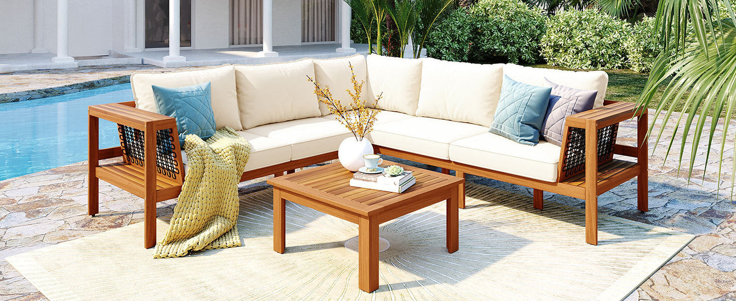 GO 4-Piece Outdoor Acacia Wood Sofa Set with Coffee Table beige cushions teal pillows on Tampa Home & Garden Store