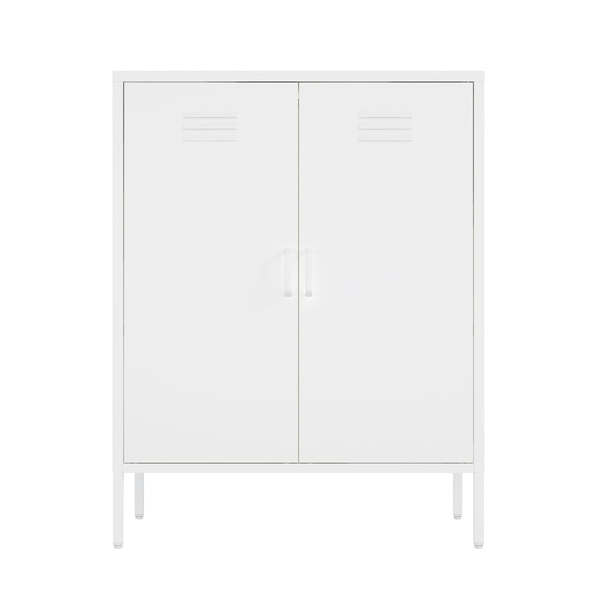 Accent cabinet with adjustable shelves, white steel finish, 2-door design on slim legs on Tampa Home & Garden Store