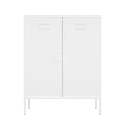 Accent cabinet with adjustable shelves, white steel finish, 2-door design on slim legs on Tampa Home & Garden Store