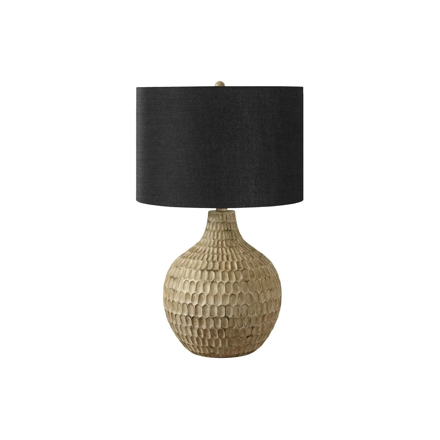 Tan textured resin table lamp with honeycomb base and black drum shade on Tampa Home & Garden Store