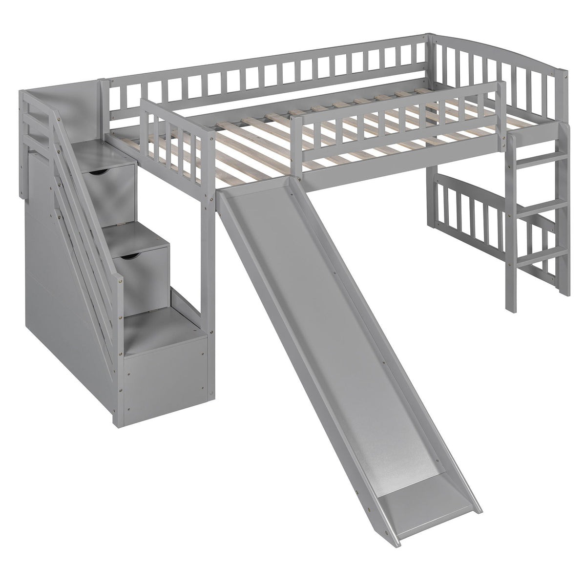 Grey loft stairway bed with 2-drawer staircase and side slide on Tampa Home & Garden Store