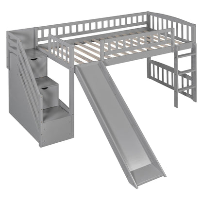 Grey loft stairway bed with 2-drawer staircase and side slide on Tampa Home & Garden Store