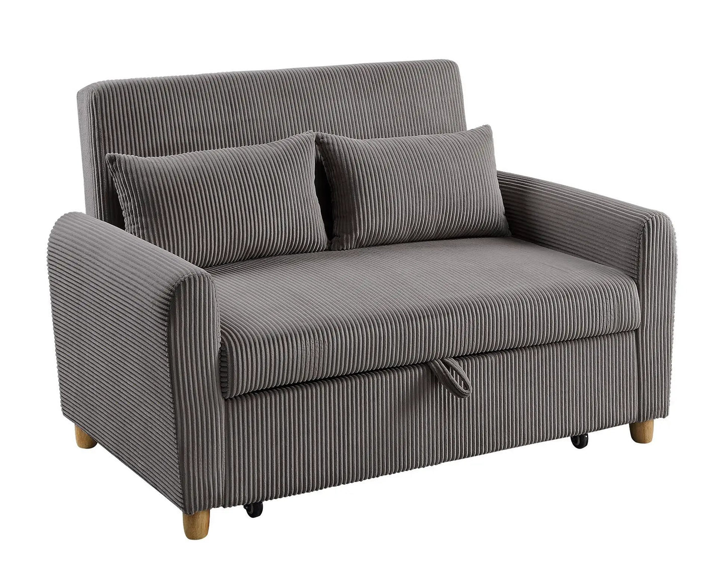 Justine Convertible Sleeper Loveseat brown corduroy upholstery with wooden legs on Tampa Home & Garden Store