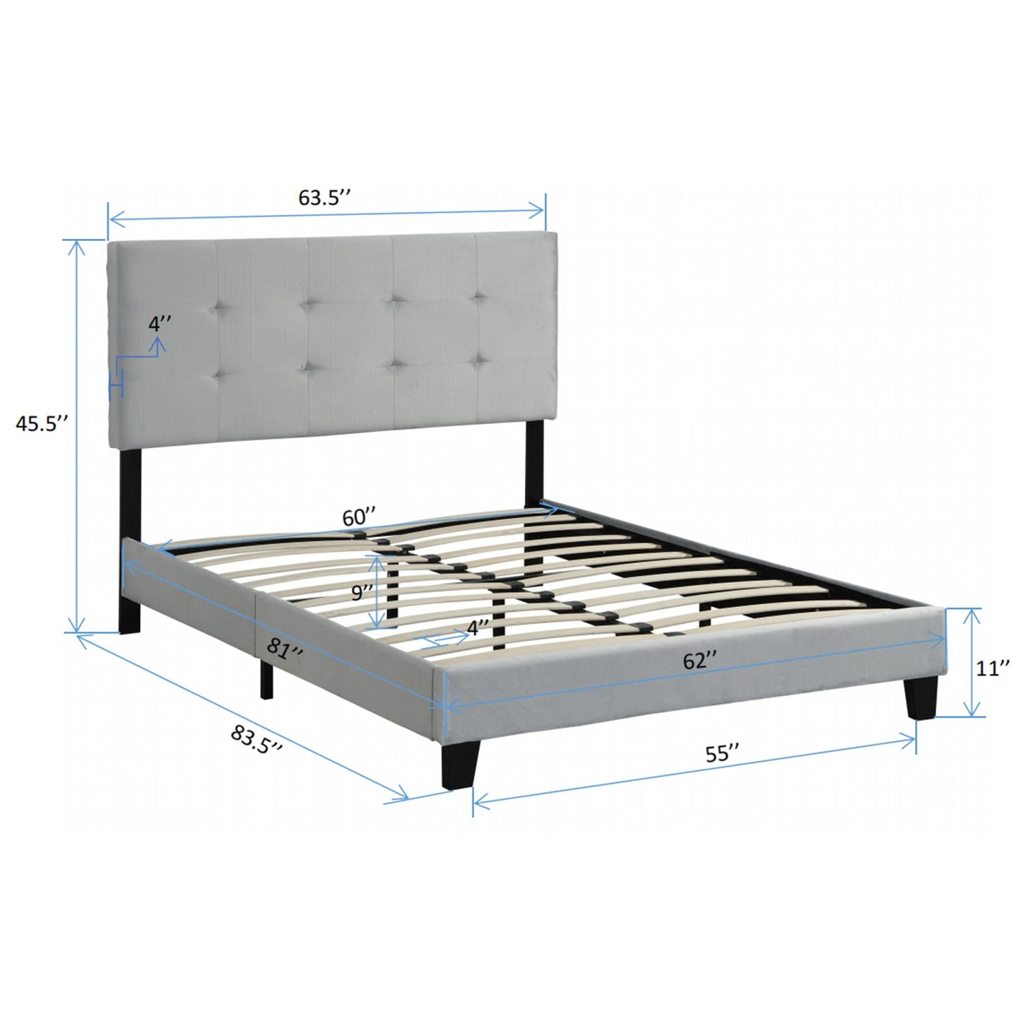 Queen Size Gray Upholstered Platform Bed Frame