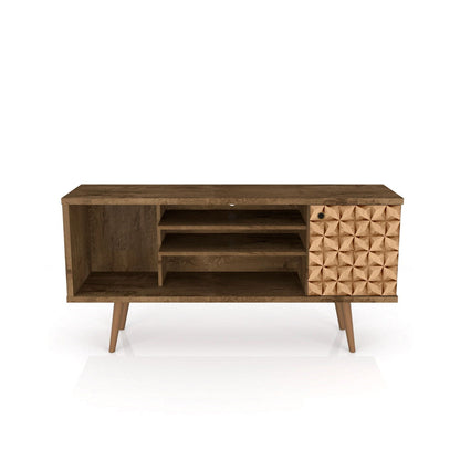 Smart storage TV stand in dark brown wood with solid legs, open shelves and right carved cabinet on Tampa Home & Garden Store