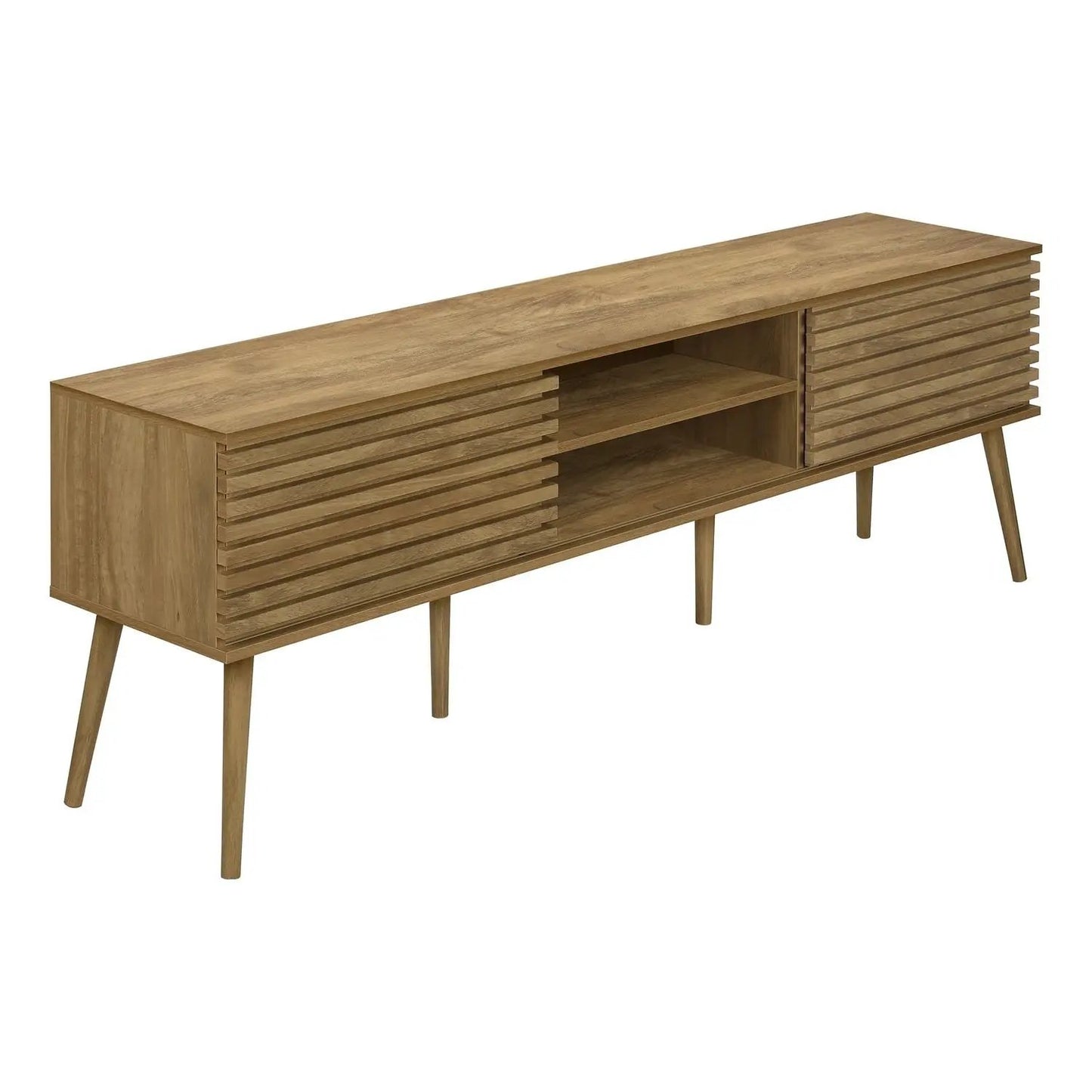 TV stand 72-inch walnut with slatted end doors and open center shelves, contemporary storage console on Tampa Home & Garden Store