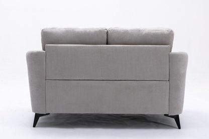 Woven fabric gray loveseat with tufted cushions and slim black metal legs on Tampa Home & Garden Store