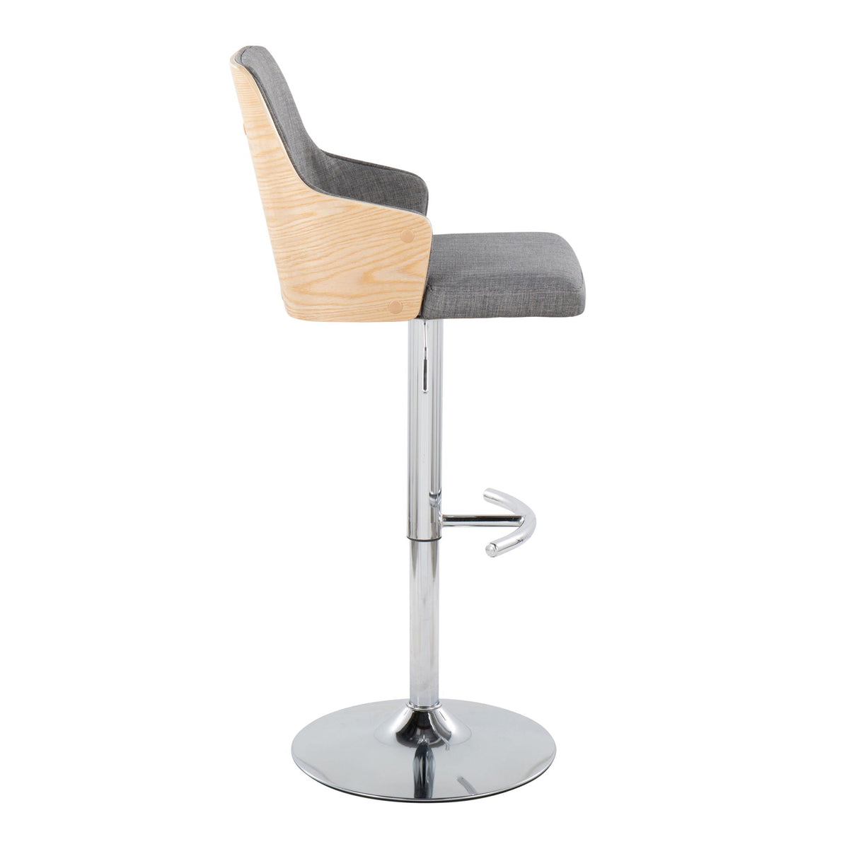 Stella adjustable barstool with swivel, dark gray fabric seat and light wood shell, chrome base on Tampa Home & Garden Store