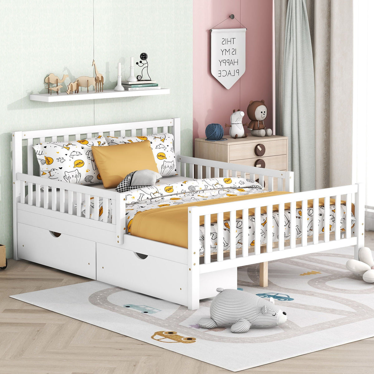 Platform bed with guardrails on both sides in white finish with 2 storage drawers HouseOfZazla on Tampa Home & Garden Store