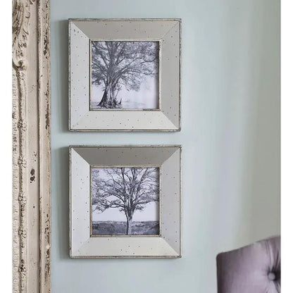 Vintage reflective silver picture frames set of 2 with beveled speckled borders on wall on Tampa Home & Garden Store