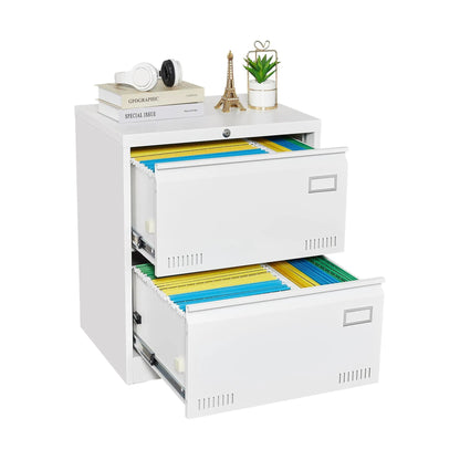 Three-drawer locking white metal filing cabinet with hanging folders for home office on Tampa Home & Garden Store
