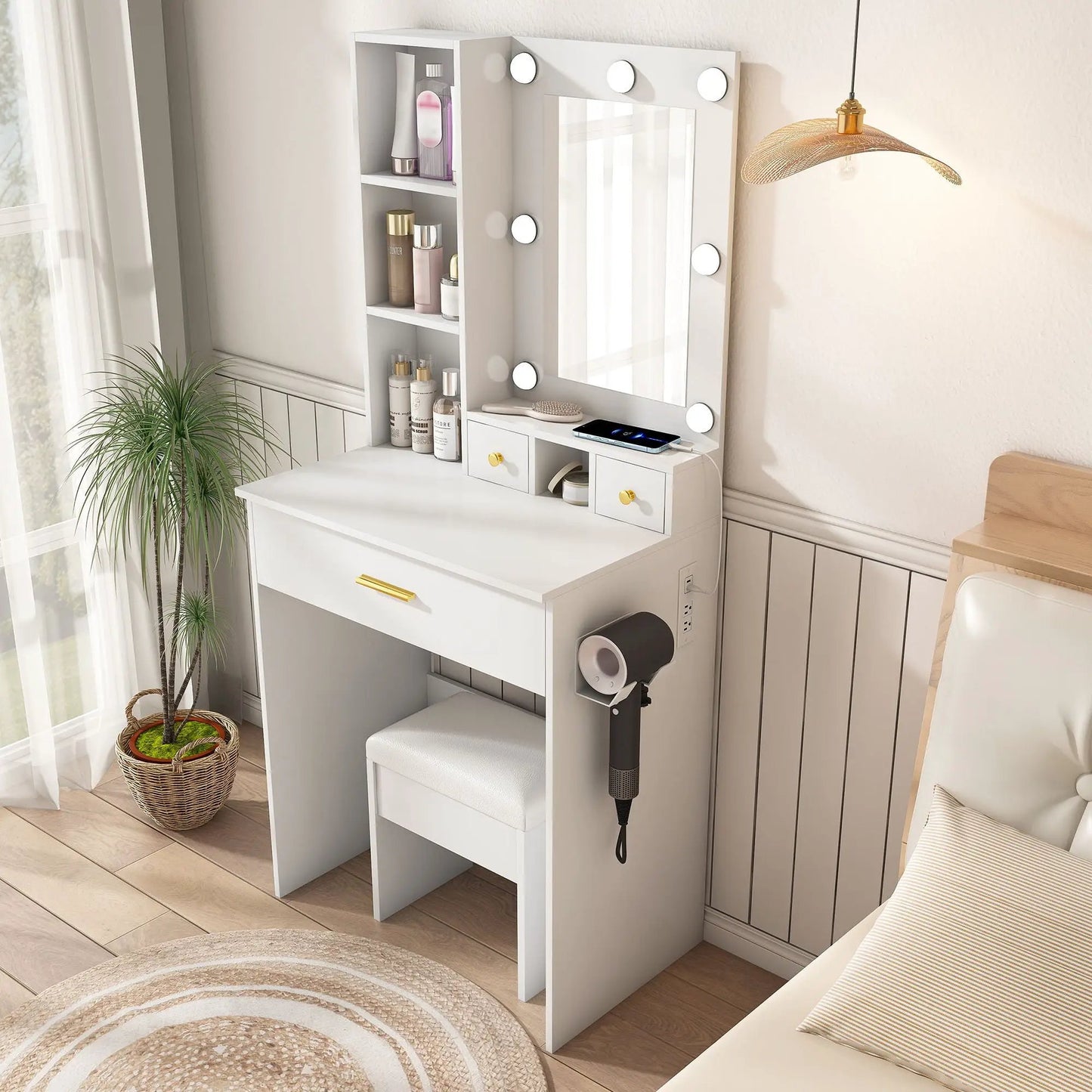 Vanity Table with Mirror and Hairdryer Holder