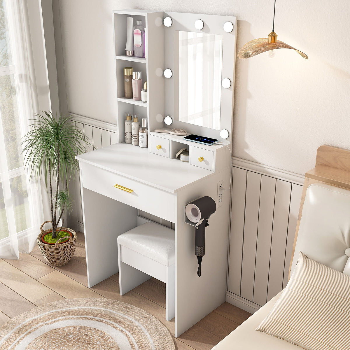 Vanity Set with Mirror white wood finish with adjustable LED lights and built-in outlet on Tampa Home & Garden Store