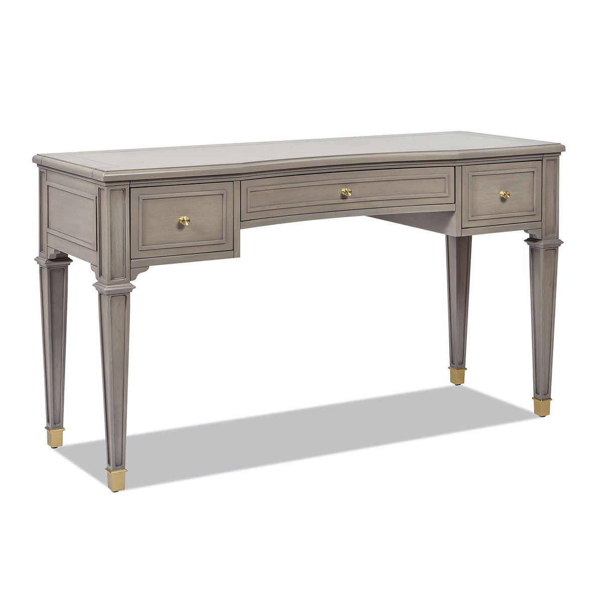 Dauphin 3-drawer executive desk in light gray finish with brass knobs and tapered legs on Tampa Home & Garden Store