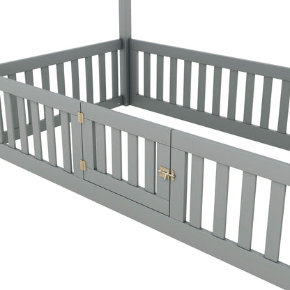 Wood House Bed With Fence And Door platform bed gray by HouseOfZazla with slatted rails on Tampa Home & Garden Store