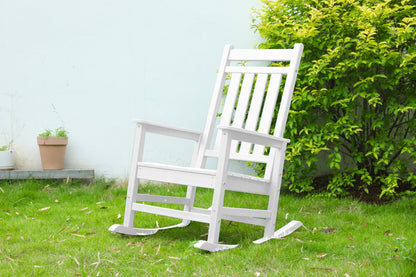 Oversized white wooden rocking chair for outdoor furniture with slatted back and curved rockers on Tampa Home & Garden Store