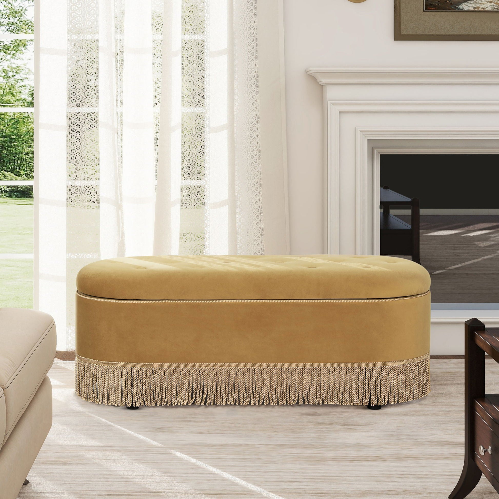 Melinda oval tufted bullion fringe storage bench by HouseOfZazla in tan leather on Tampa Home & Garden Store