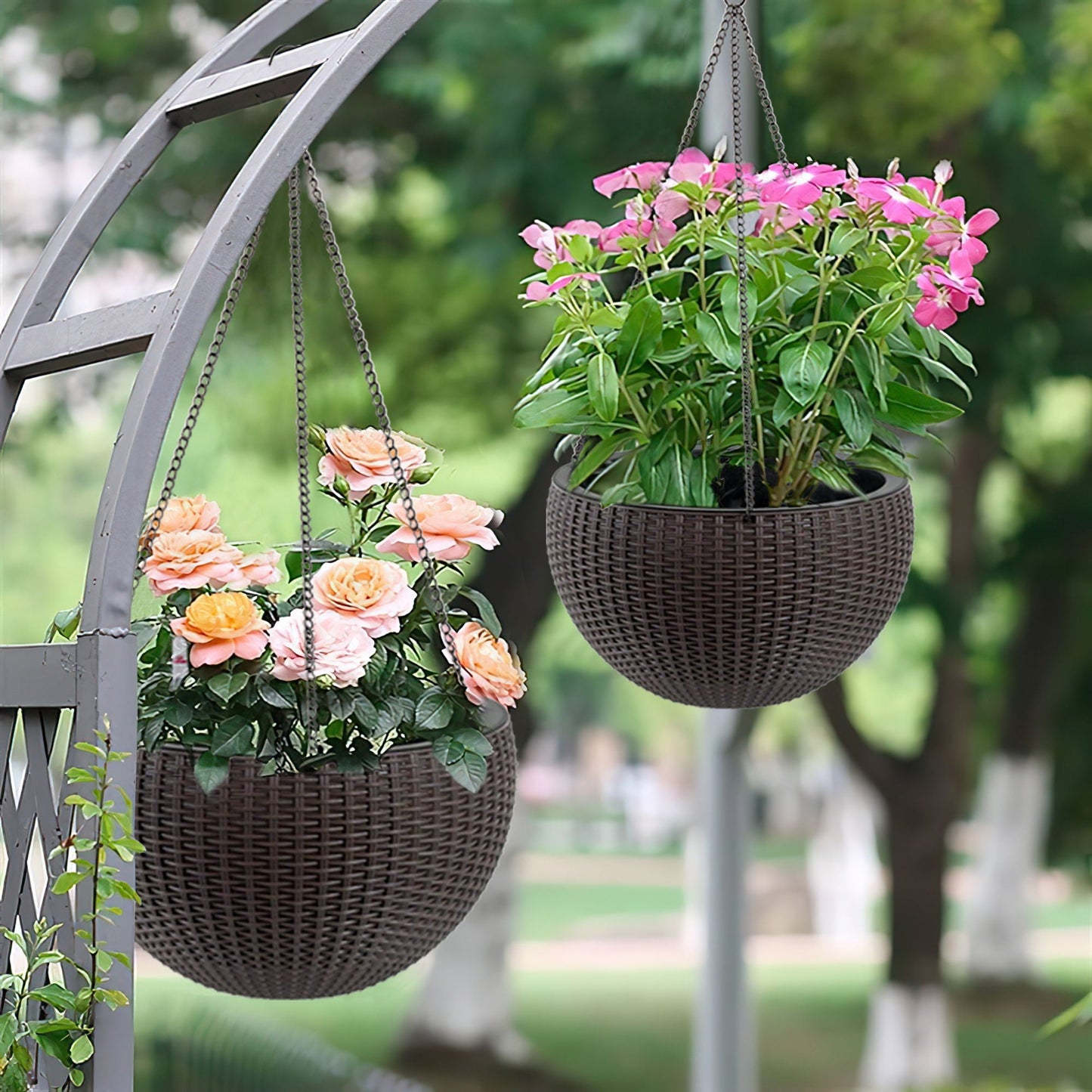 Self-watering hanging planters, three dark wicker baskets with pink blossoms HouseOfZazla on Tampa Home & Garden Store