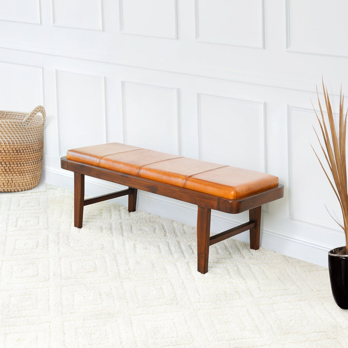 Rustic Upholstered Bench with Genuine Leather Cushion in tan by HouseOfZazla, wooden legs on Tampa Home & Garden Store