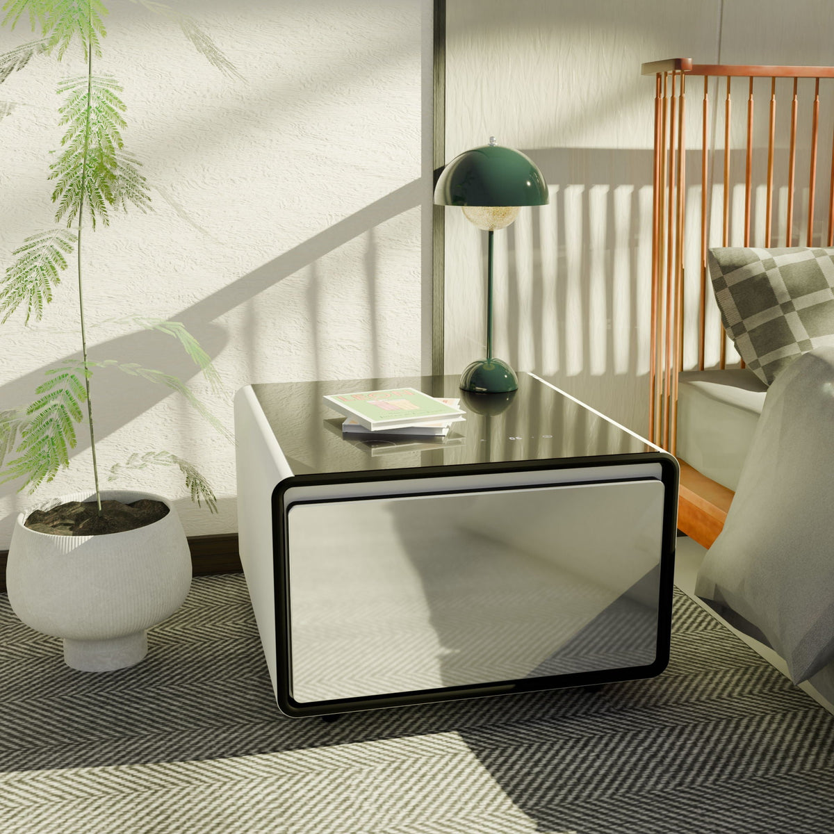 Modern smart side table with glass top and black frame in white finish on Tampa Home & Garden Store