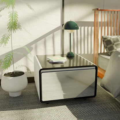 Modern smart side table with glass top and black frame in white finish on Tampa Home & Garden Store