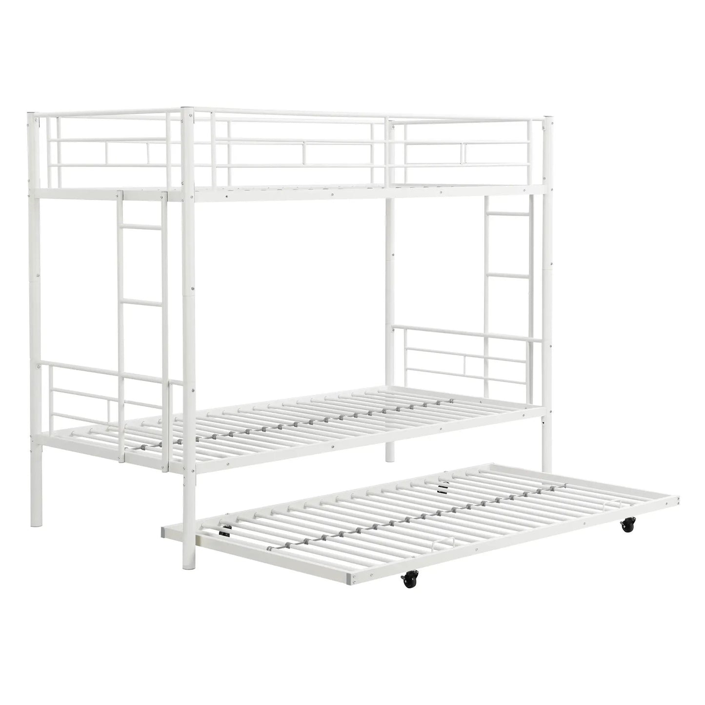 Bunk bed with trundle in white metal with guard rails and ladders by Unique Piece Furniture on Tampa Home & Garden Store