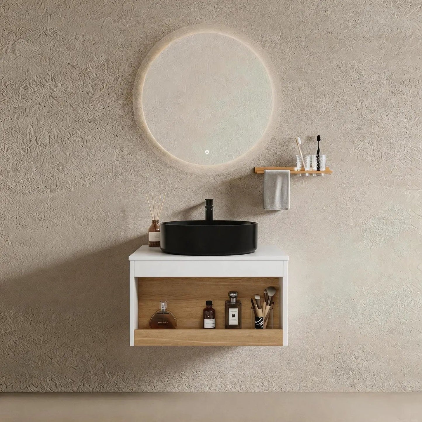 Floating bathroom vanity with glossy black round vessel sink and white wood cabinet on Tampa Home & Garden Store