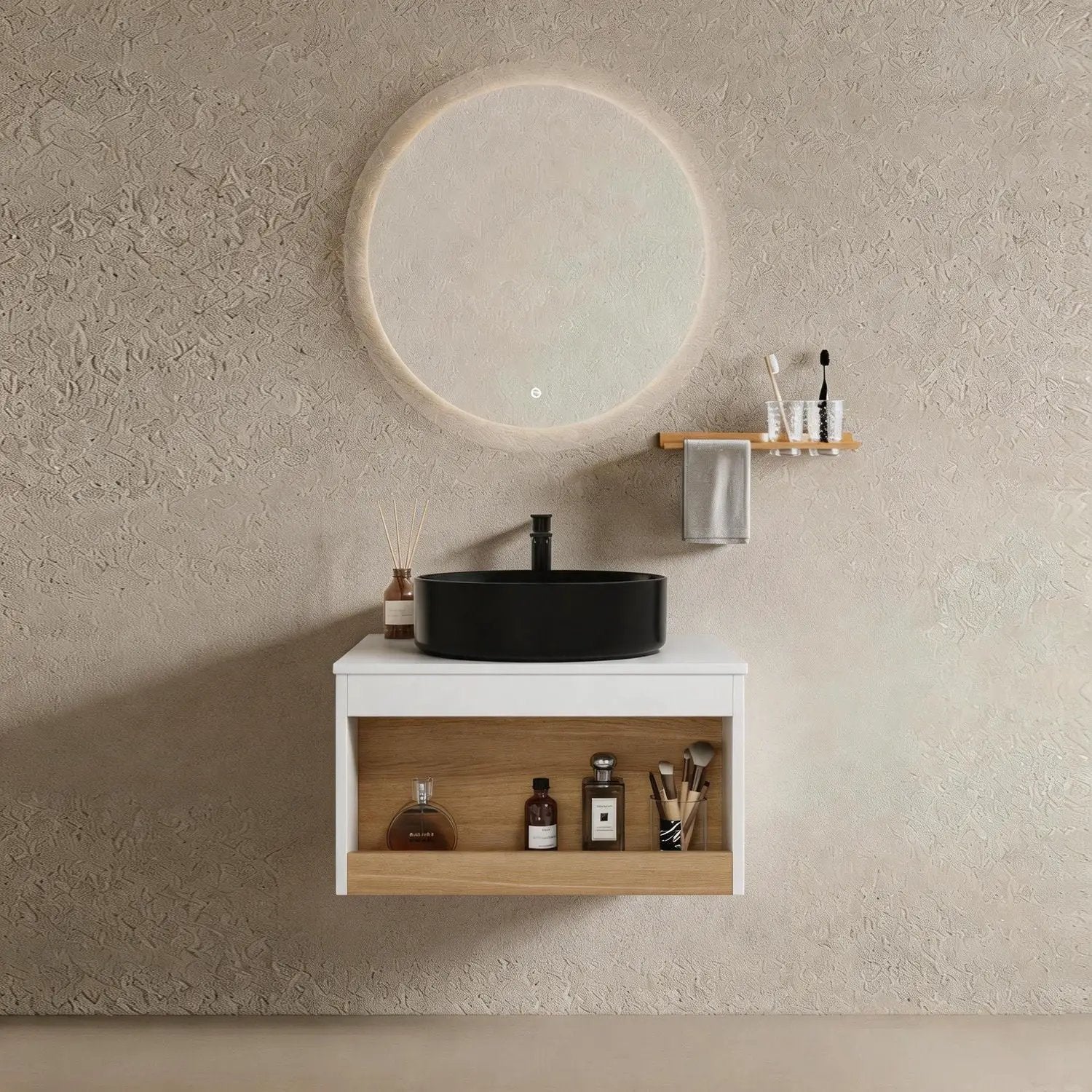 Floating bathroom vanity with glossy black round vessel sink and white wood cabinet on Tampa Home & Garden Store