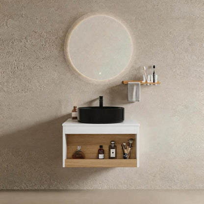Floating bathroom vanity with glossy black round vessel sink and white wood cabinet on Tampa Home & Garden Store